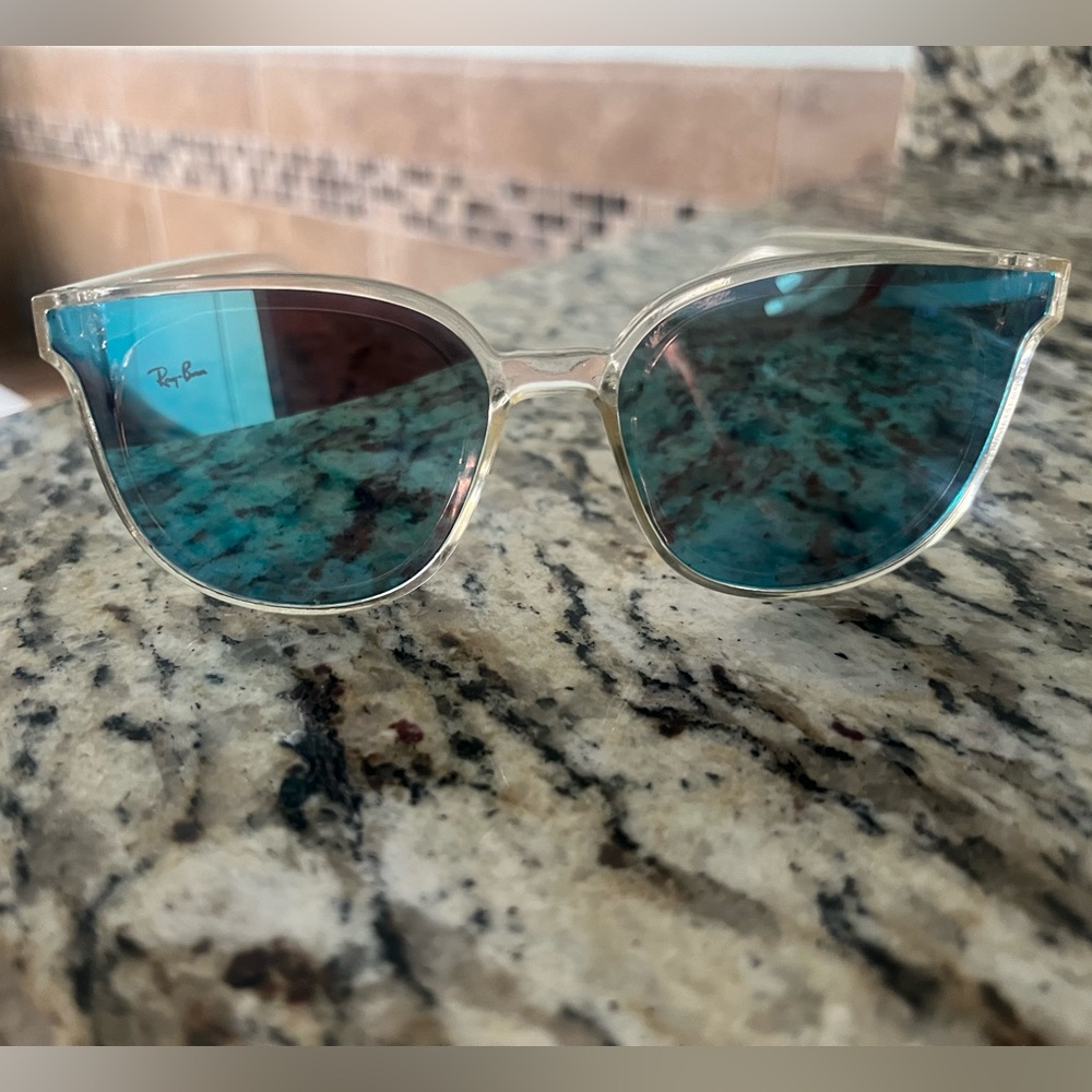 California Blue Ray-Ban Sunglasses Clear Frame with Blue Mirrored Lenses